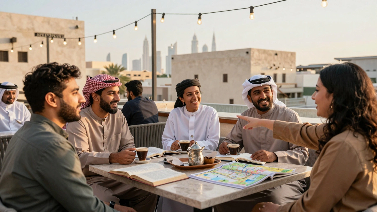 Diverse people laugh together at a sunny rooftop café in Dubai, enjoying coffee and conversation with the city skyline in the background.