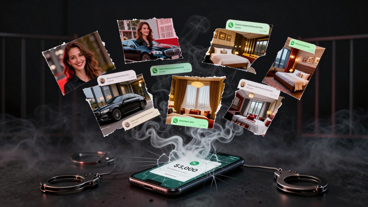 Fragmented digital ads of luxury escorts dissolve into smoke, with handcuffs and a payment confirmation emerging from the chaos.
